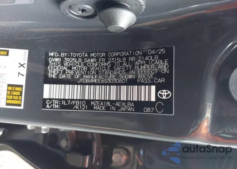 2025 Toyota Corolla Le z USA, uszkodzony, nr VIN JTDB4MEE6S3030601